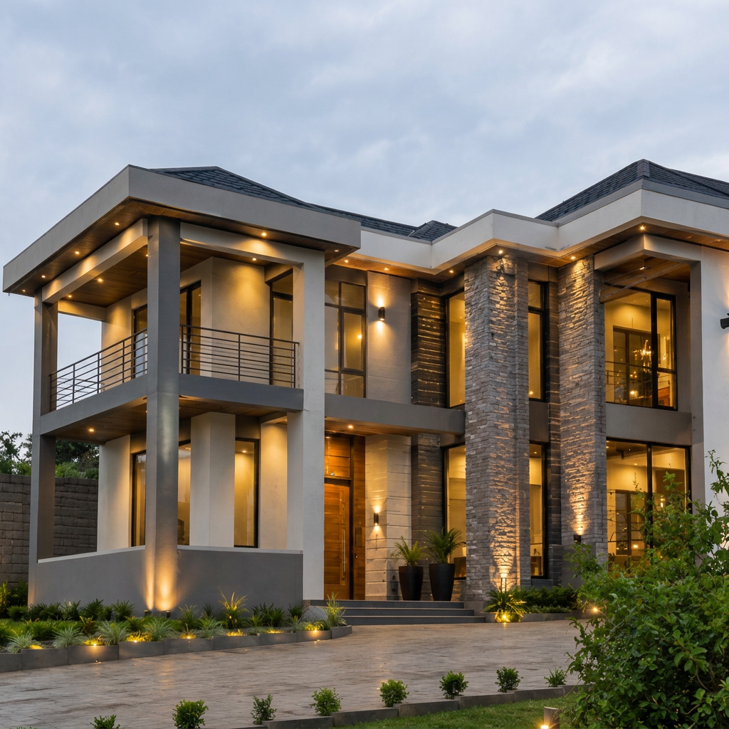 Buwembo Residency in Kigo — contemporary family home photographed at dusk with lit portico columns, stone feature piers and warm interior lighting