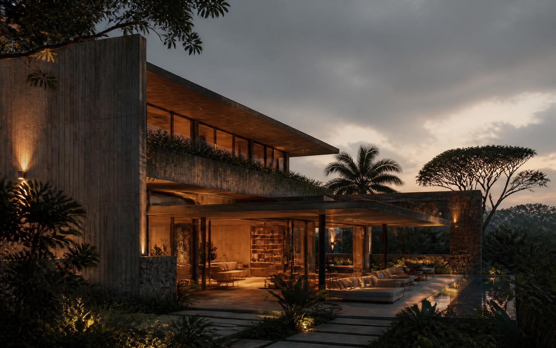 A premium KRETE residence at dusk, concrete and stone architecture with a warm interior glow